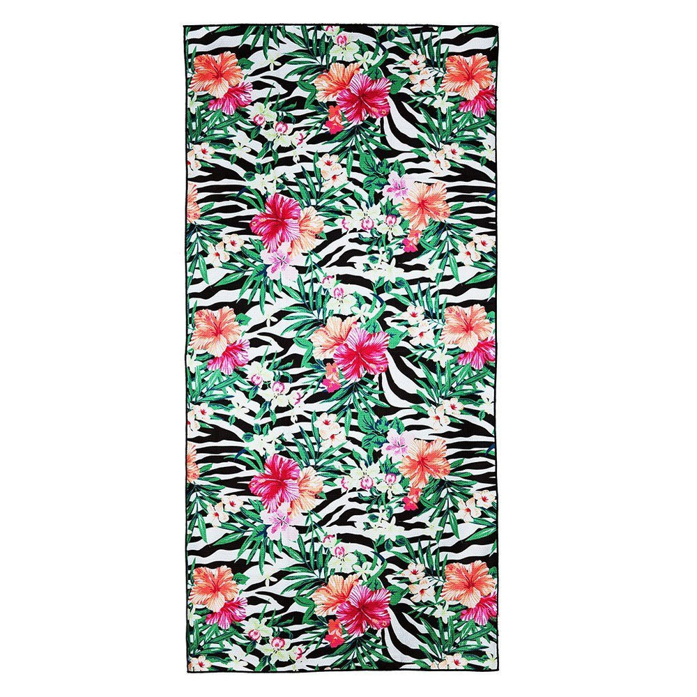 Zissou - beach towel with pink and orange flowers and a zebra pattern background